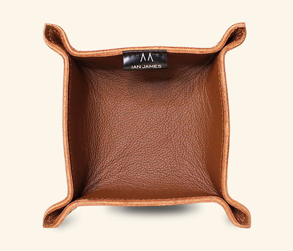 Handmade brown leather valet tray for wallet, keys, and watch