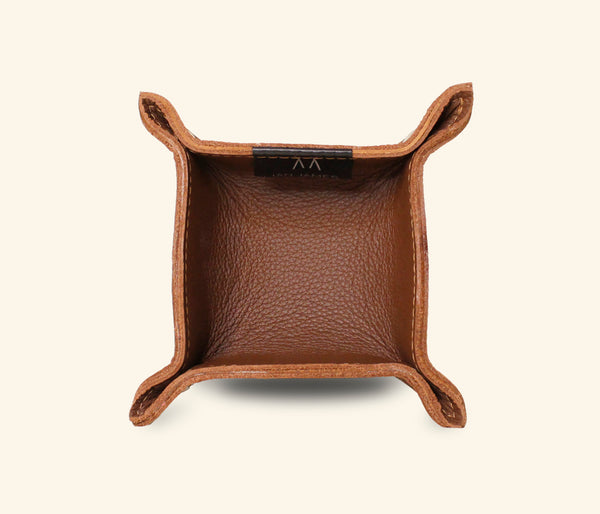 Small brown leather catchall tray for keys, coins, and everyday items