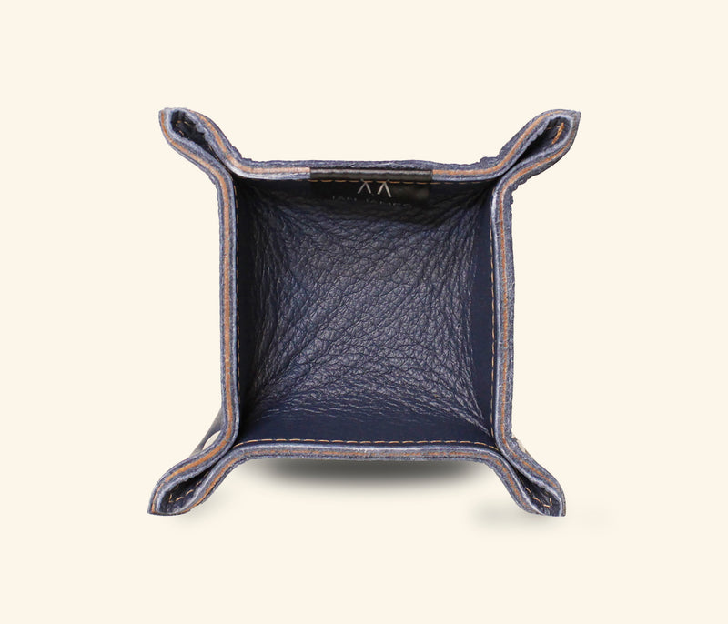 Mini navy leather catchall for jewelry and everyday items