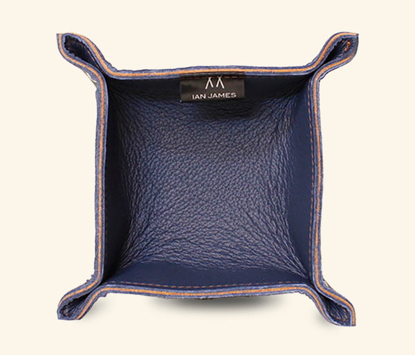 Handcrafted navy leather catchall for wallet, keys, and essentials