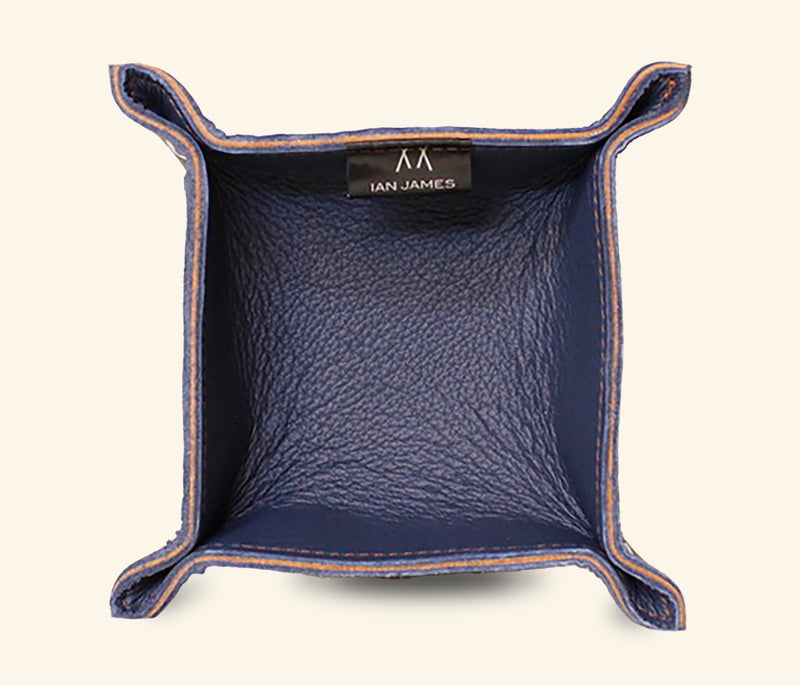 Handcrafted navy leather catchall for wallet, keys, and essentials