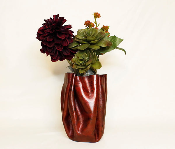 Mini Sculpted Leather Flower Vase - Distressed Scarlet